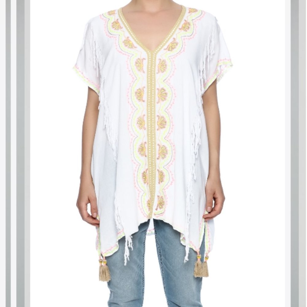 Skemo Embroidered Fringe Tunic Beach Swim Cover Up S - Picture 2 of 15